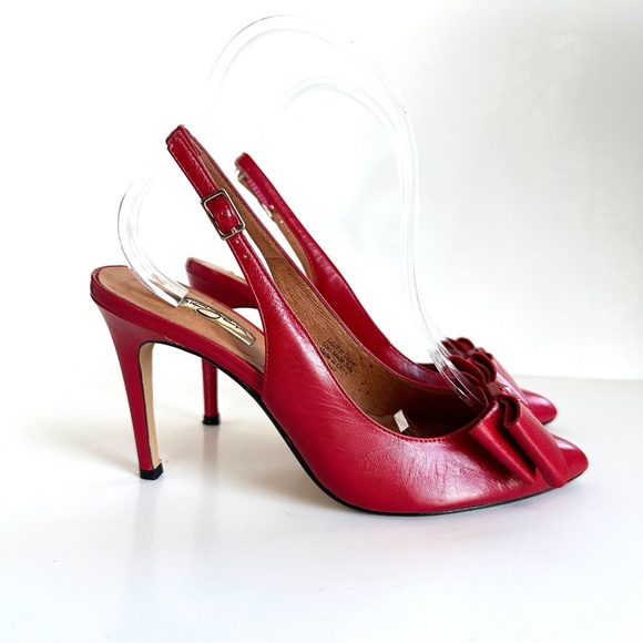 HALOGEN LILA RED LEATHER STUDDED BOW POINTED-TOE SLINGBACK HEELS PUMPS Sz7 - Picture 4 of 13